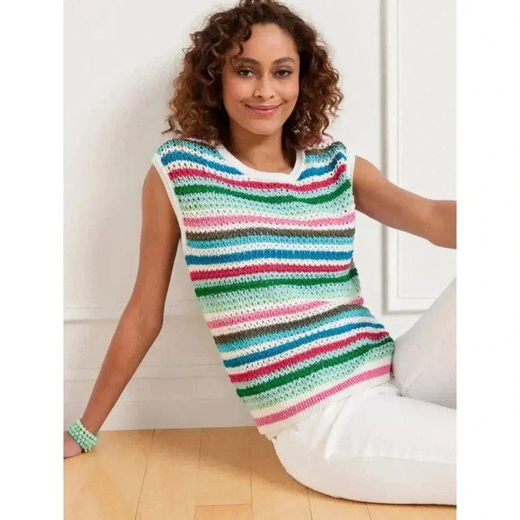Talbots Multicolor Sunset Stripe Crochet Crew Neck Pullover Sweater Size XL - Picture 1 of 4